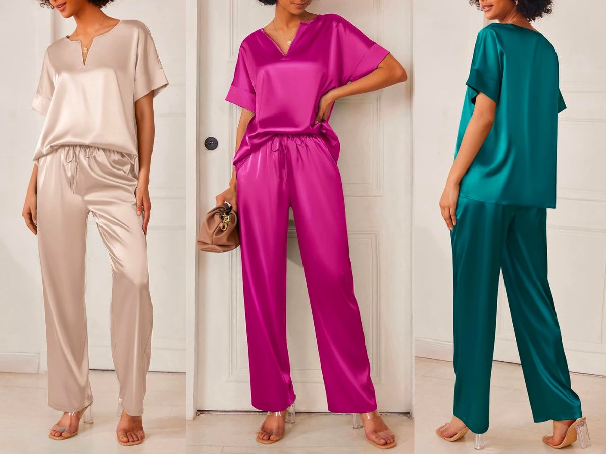 images of 3 models wearing Ekouaer 2-Piece Satin Pajama Lounge Set multiple colors of champagne, rose pink, an d bright green