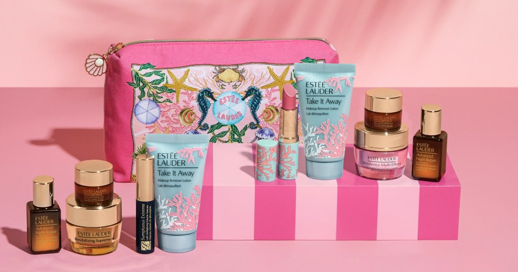 Pink Estée Lauder make up bag with products
