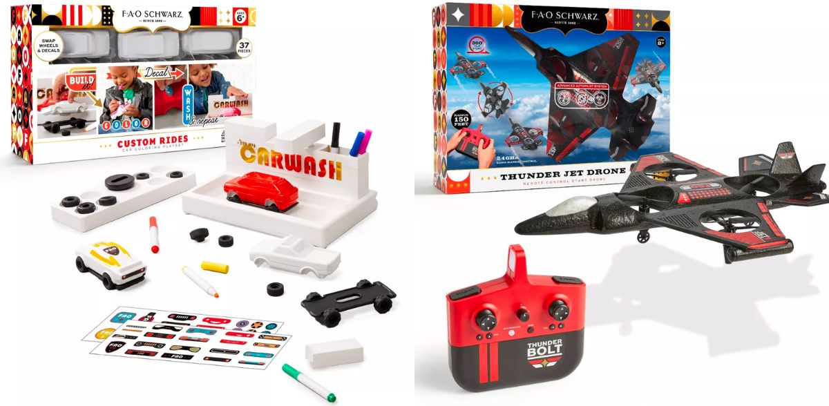 FAO Schwarz Custom Cars Coloring Set items and X2 jet drone items stock images