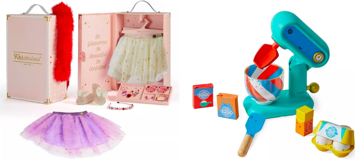 a small trunk with dress up clothes and accessories and a play stand mixer with play baking ingredients