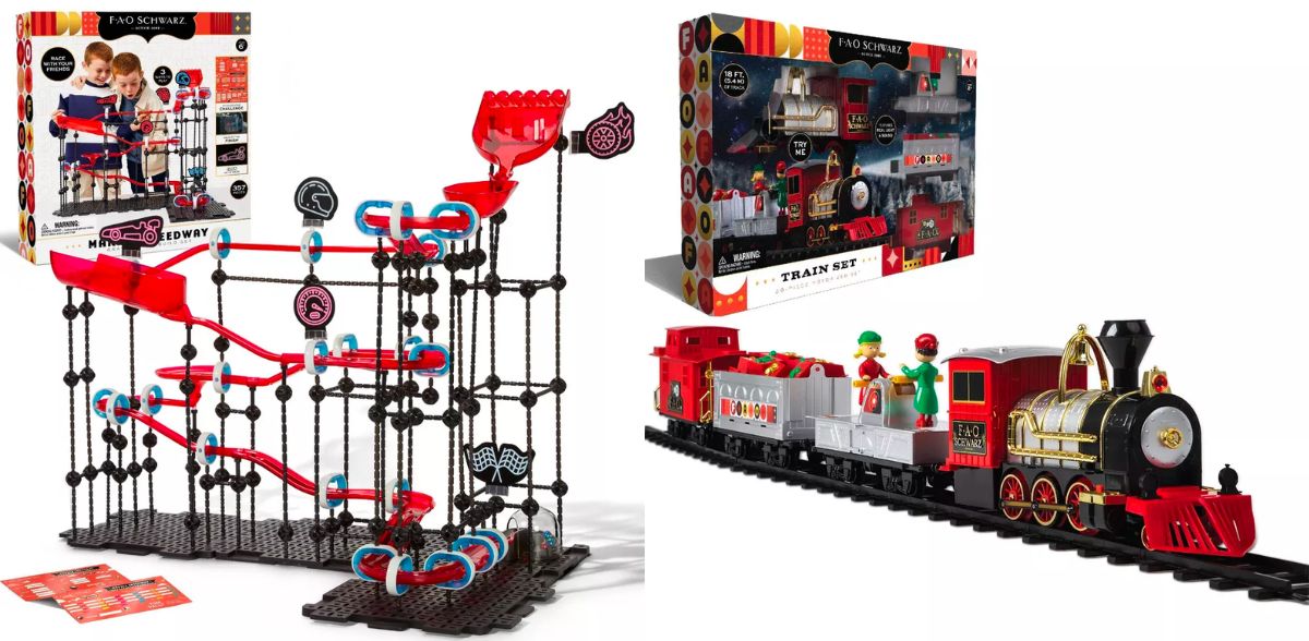 FAO Schwarz Marble Speedway Gravity Race Build Set and motorized train set stock images