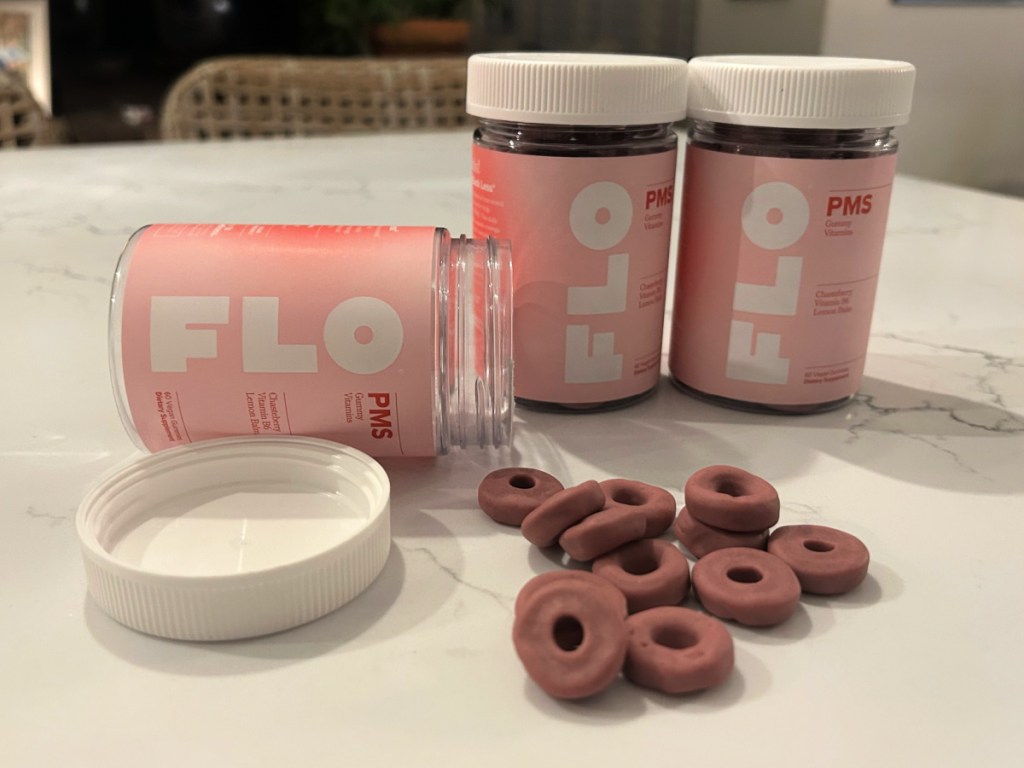 FLO PMS Gummy Vitamins on counter 