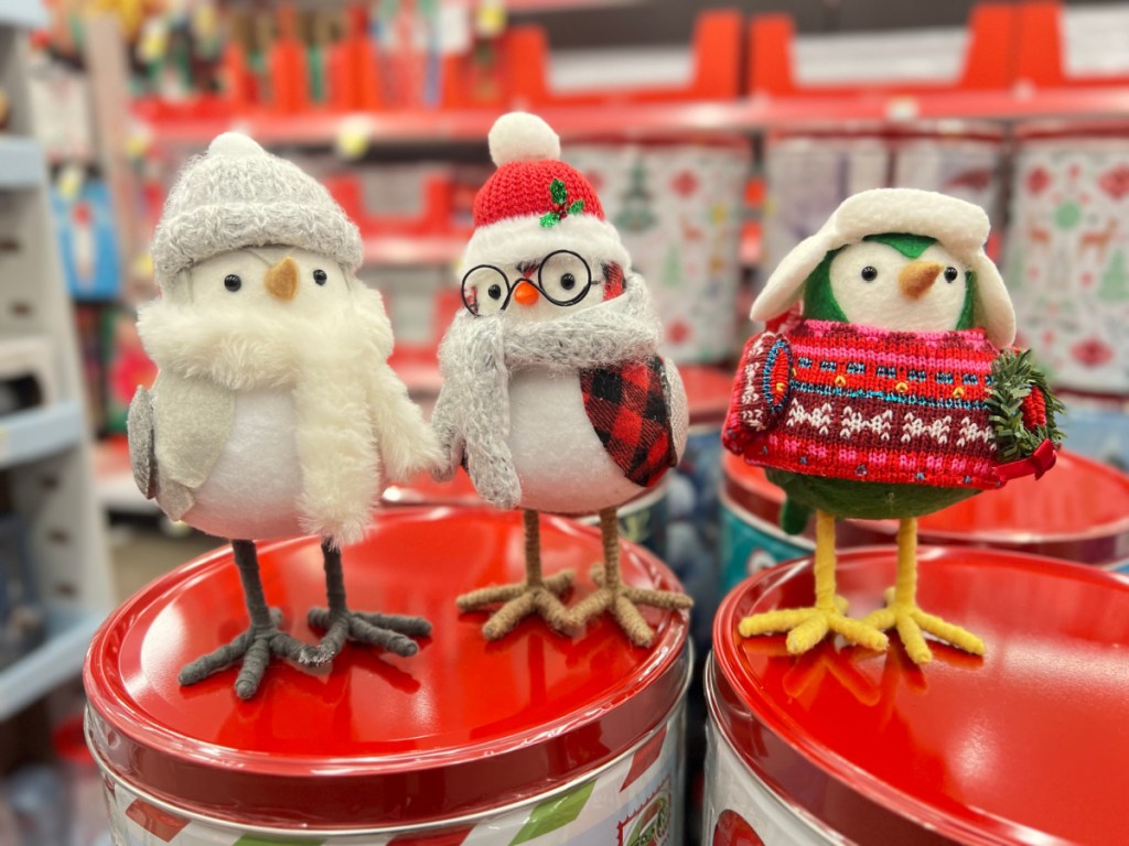 3 different fabric holiday birds standing on colorful containers inside walgreens