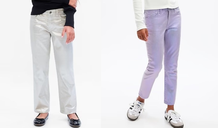 two girls in silver and purple jeans