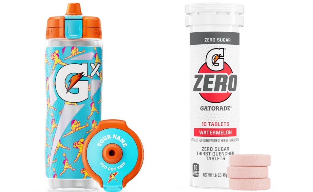 blue gatorade water bottle with container of gatorade tablets