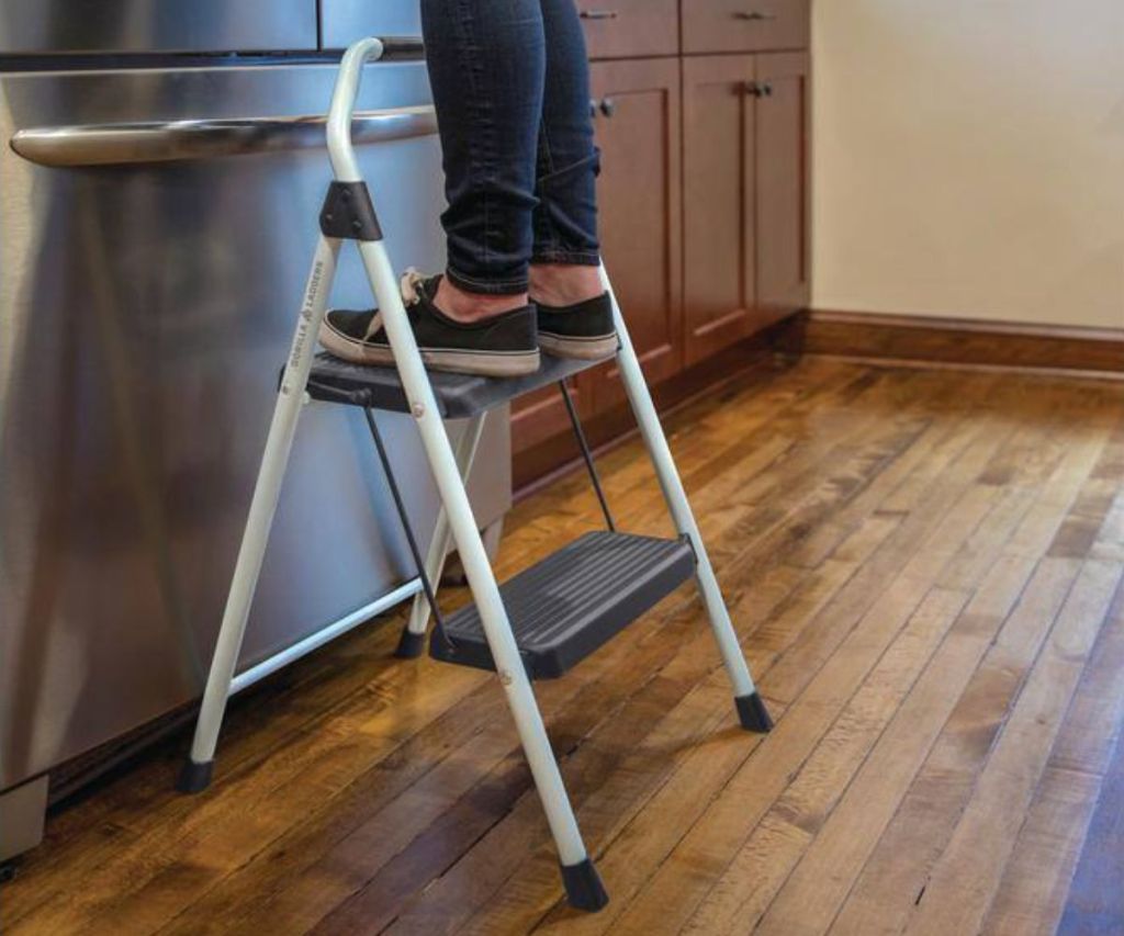A person standing on a Gorilla step-stool