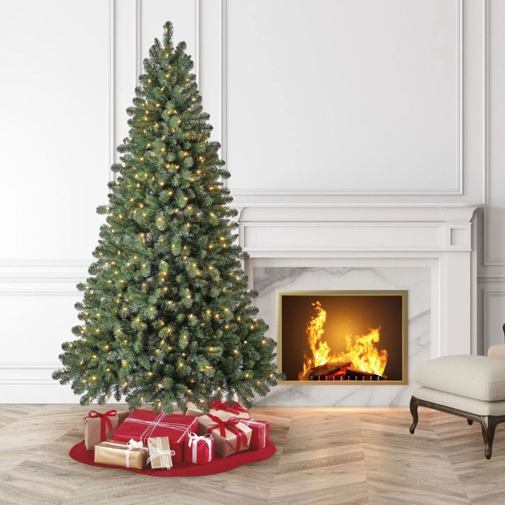 7 foot pre-lit fir Christmas tree in living room