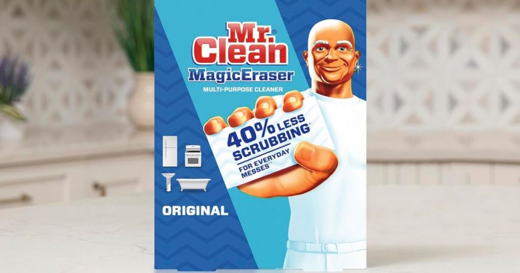 box of Mr. Clean Magic Erasers sitting on a kitchen counter