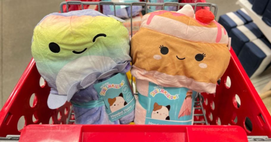 Two Squishmallow Hooded Blankets in shopping cart at Target