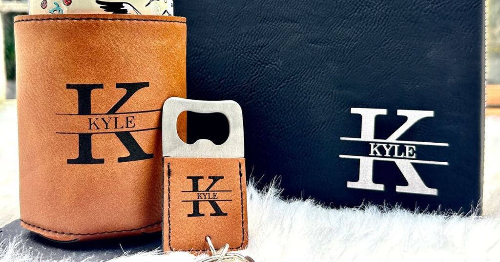 tan color personalized engraved can cooler and bottle opener gift from Etsy with the letter K and name Kyle