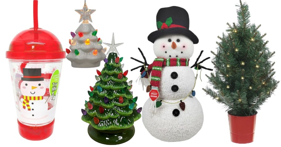 a Christmas tumbler with lid and straw with a snowman on it, a ceramic tree ornament, a light up ceramic tree, a snowman holiday decor, and a mini Christmas tree in a pot