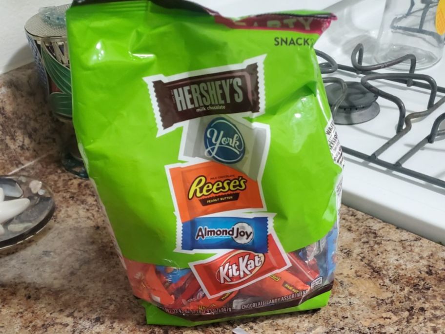 Hershey's Assorted Snack Size Candy Bar bag sitting on counter