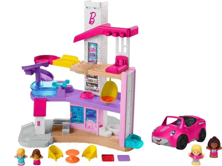 a Fisher Price Little People Barbie Dreamhouse and Convertible 