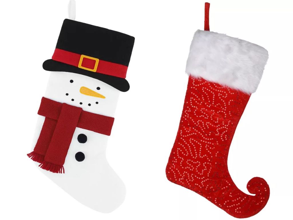 St. Nicholas Square Large Snowman Stocking  and National Tree Company Jester Style Red Christmas Stocking