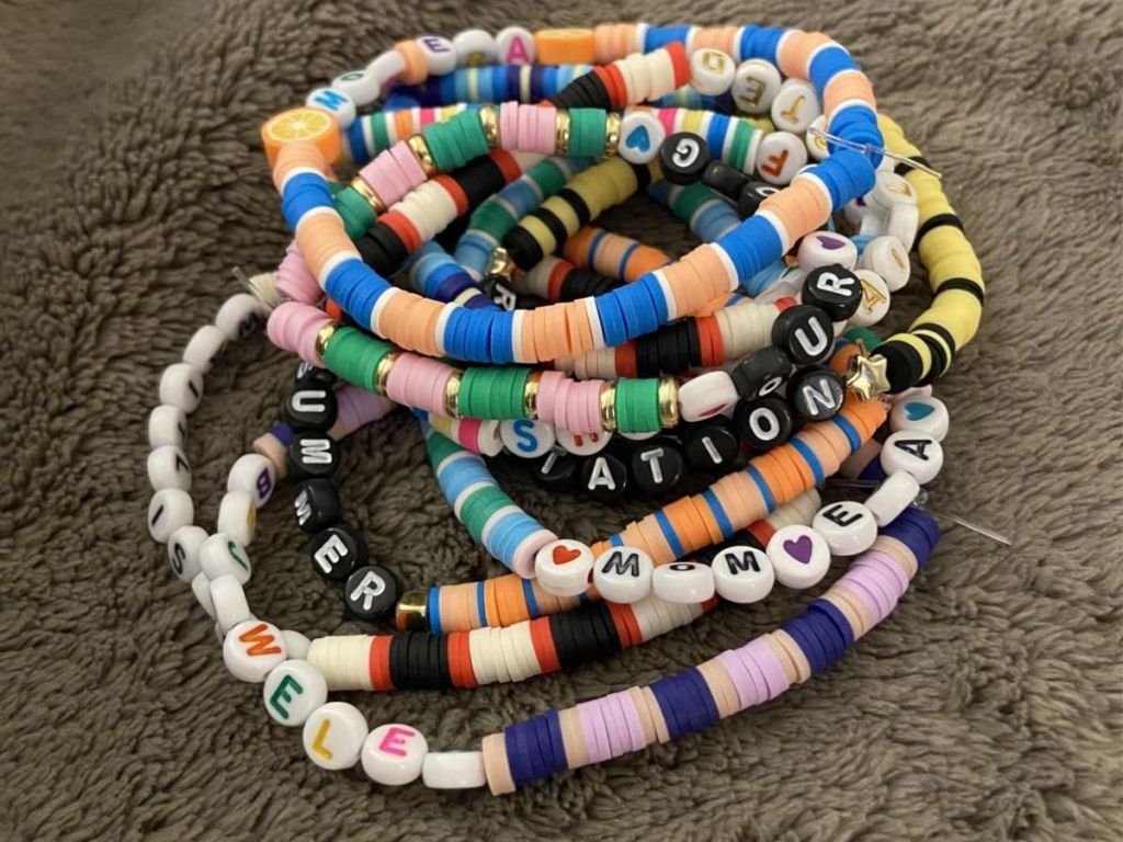 bracelets made from Redtwo 5,100-piece Clay Heishi Beads Bracelet Making Kit 
