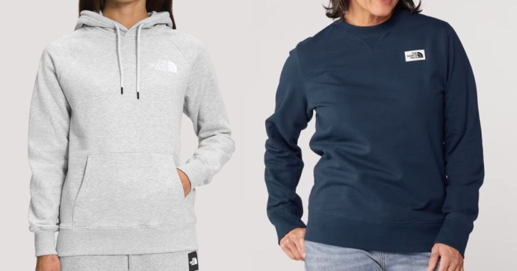 woman wearing a light grey and white The North Face Hoodie and woman wearing a navy blue The North Face sweatshirt