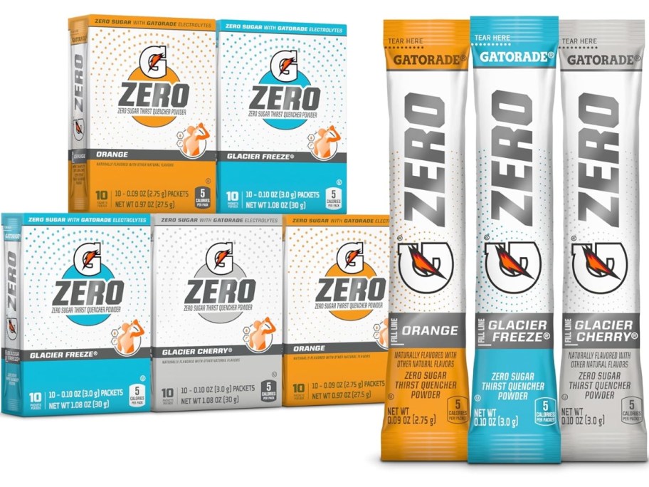 boxes of Gatorade G Zero Powder Variety Packs with 3 individual packs in front