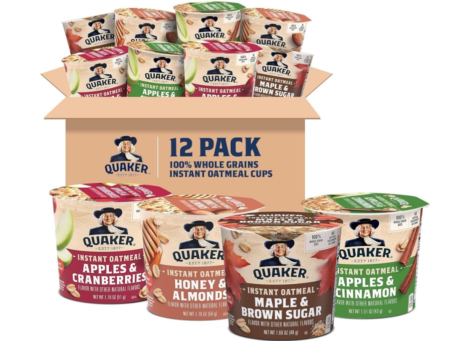 Quaker Instant Oatmeal Express Cups Variety Pack in box that says 12 Count, with 4 individual cups in front