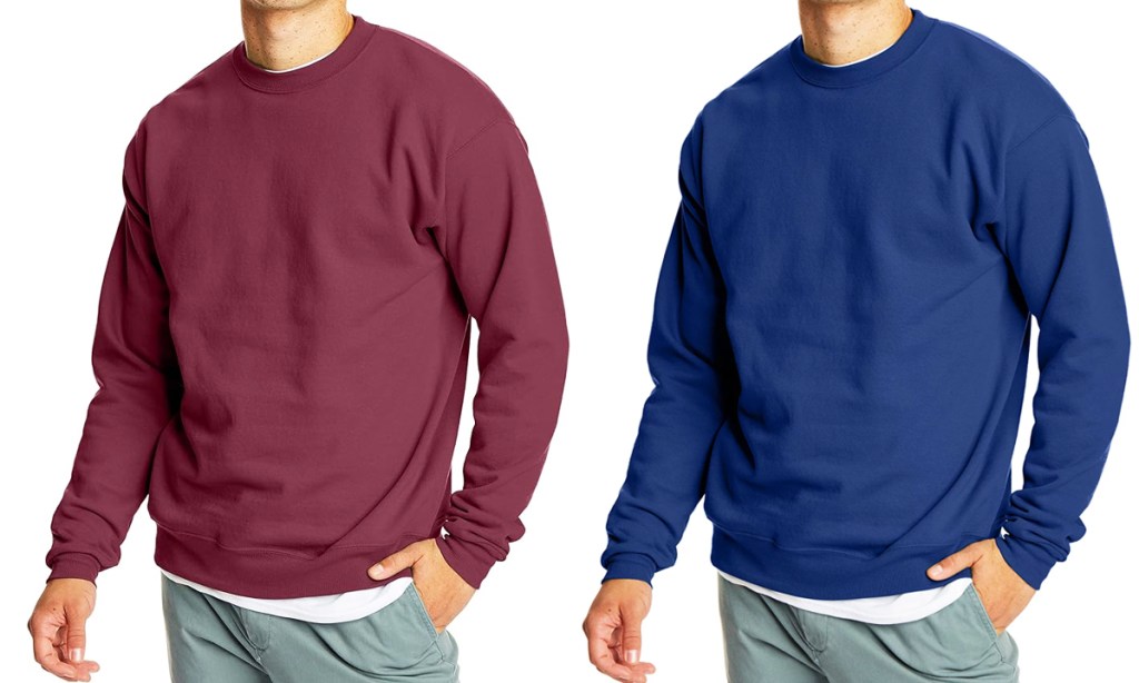 two men in maroon and blue crewneck sweatshirts