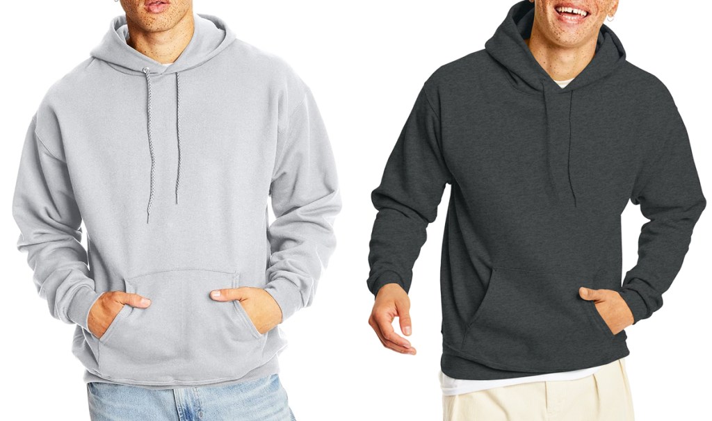 two men in light and dark grey pullover hoodies