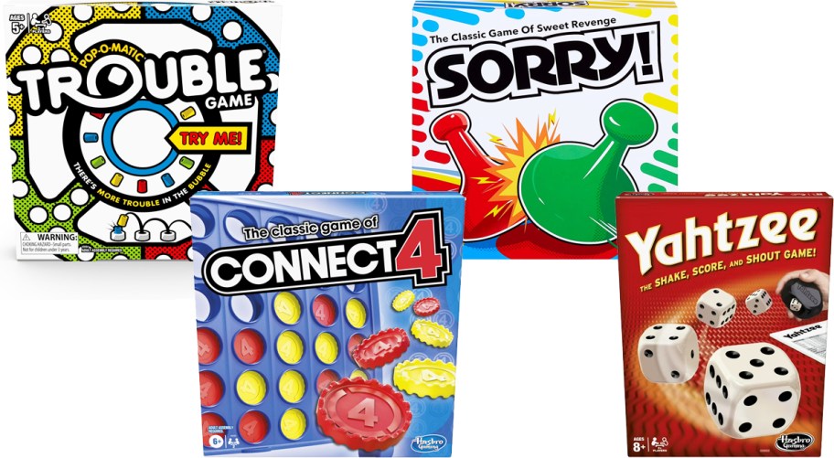 trouble, connect 4, sorry, and yahtzee board games