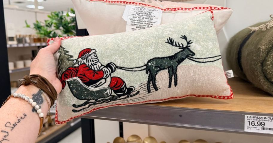 Hearth & Hand with Magnolia 14''x8'' Santa Mini Lumbar Christmas Throw Pillow in hand in store