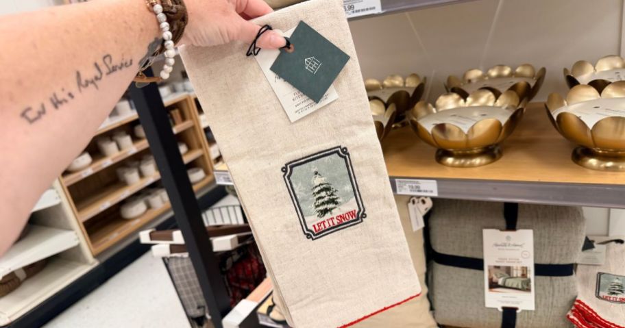 Hearth & Hand with Magnolia Let It Snow Christmas Hand Towel in hand in store