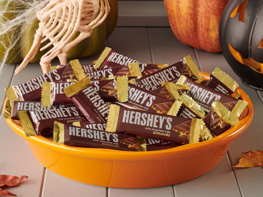 Hersheys milk chocolate with almonds mini sizes inside of bowl