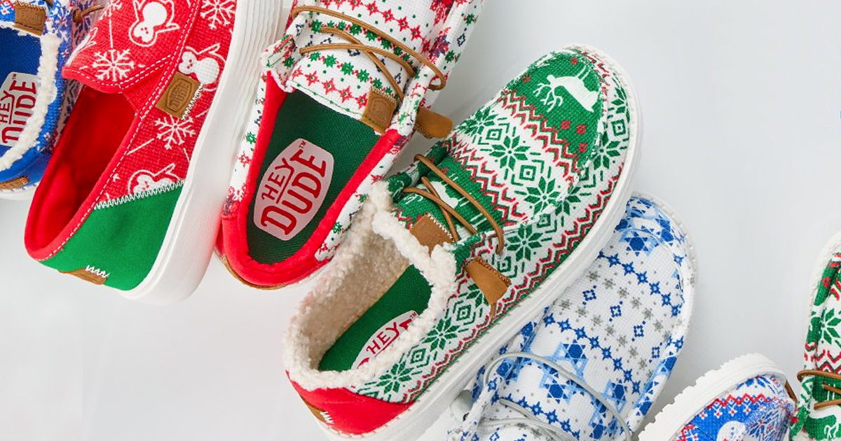 Different colors and styles of hey dude ugly Christmas sweater shoes
