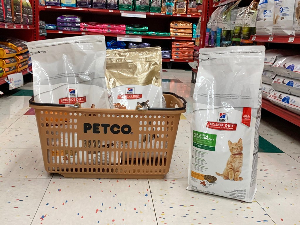 Hill's Science Diet cat food in petco shopping basket