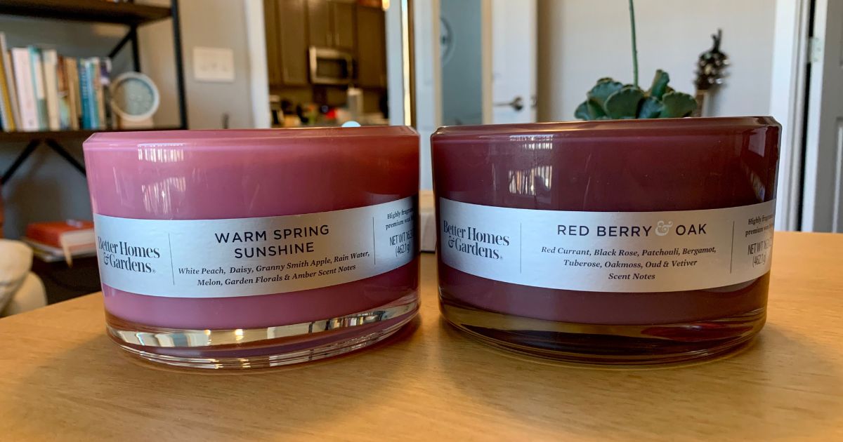 Better Homes & Gardens 3-Wick Candle in Warm Spring Sunshine and Better Homes & Gardens 3-Wick Candle in Red Berry & Oak 