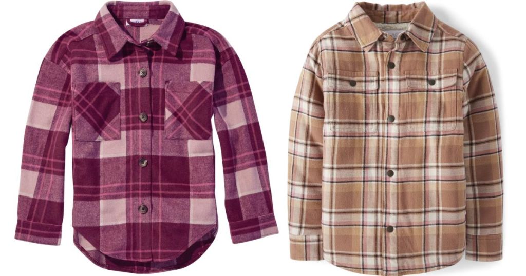 The Children's Place Girls Plaid Sherpa-Lined Shacket and Sugar & Jade Tween Girls Plaid Oversized Shirt Jacket