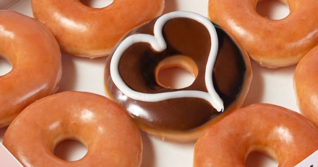 Krispy Kreme Glazed Donuts and Chocolate Covered Heart Donut for World Kindness Day