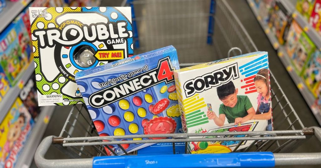Trouble, Connect 4 and Sorry Board games in Walmart cart