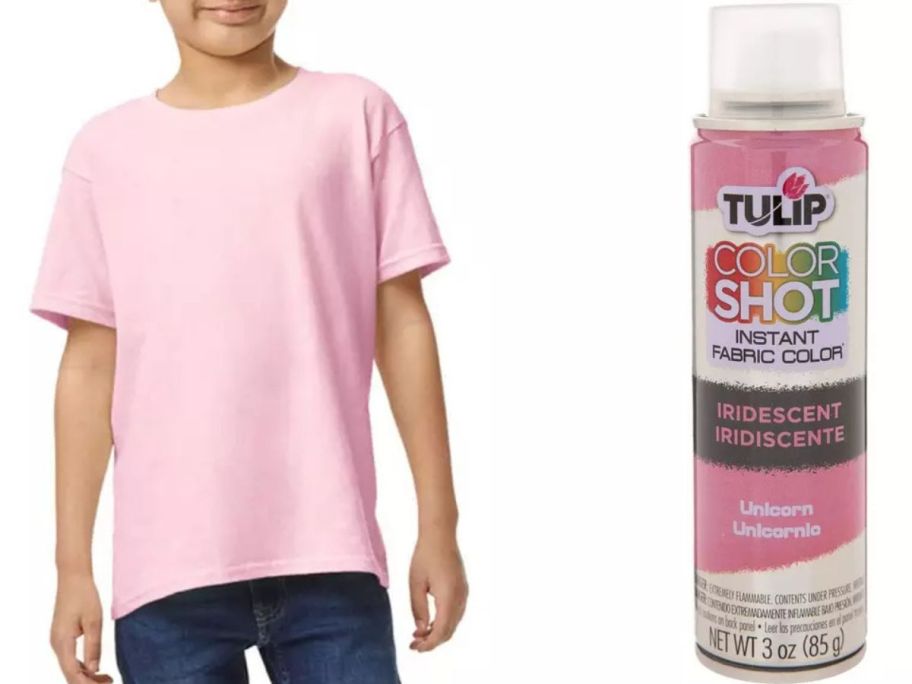 Stock images of a child wearing a plain pink tee and a can of Tulip Fabric paint