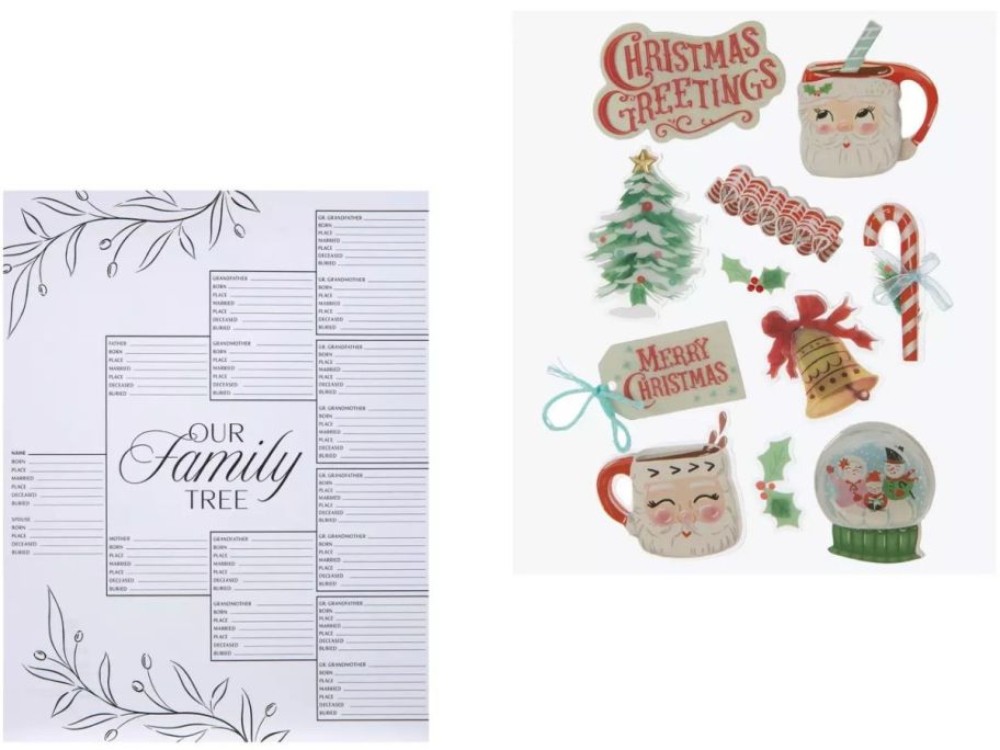 Stock images of a Family Tree chart and Christmas scrapbook stickers