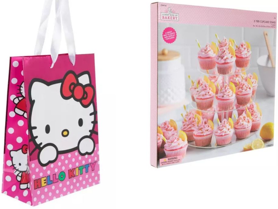 Stock images of a Hello Kitty gift bag and a cupcake stand