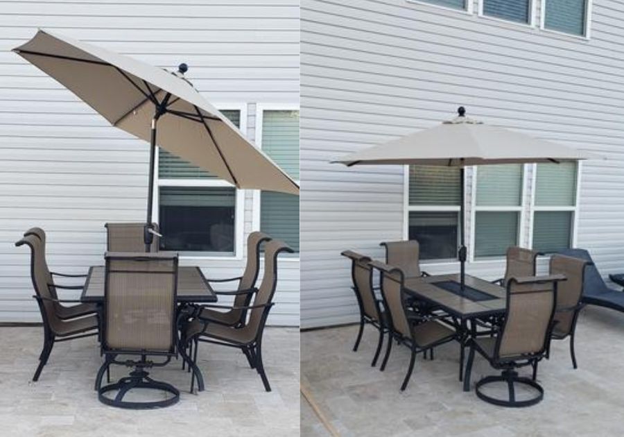 Home Decorators Collection 9 ft. Patio Umbrella outside on a patio