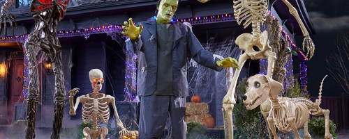 giant skeletons, Frankenstein, and skeleton dog decorations