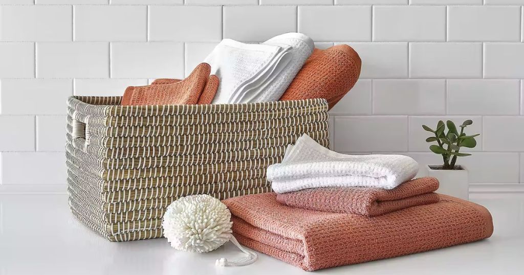 towels in basket and on counter
