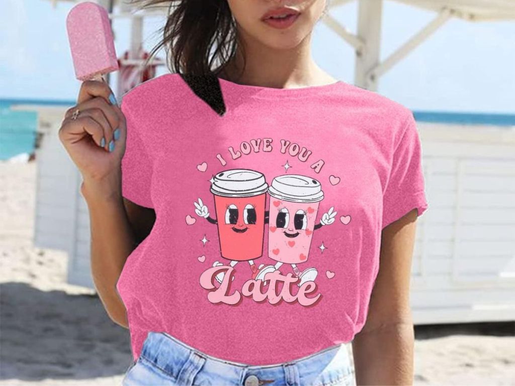 A woman wearing aI Love You A Latte Shirt