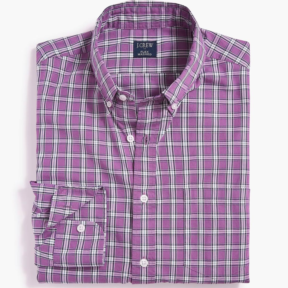J. Crew Factory Slim Untucked Plaid Flex Casual Shirt in light purple plaid folded stock image