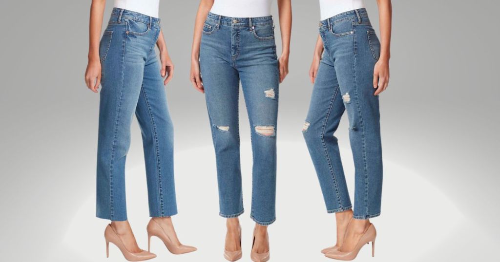 side front and side view of woman wearing Jessica Simpson denim jeans