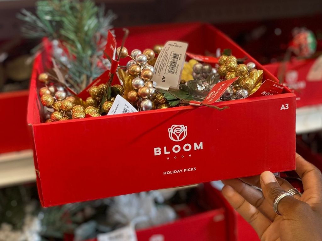 A box of Bloom Room holiday floral picks