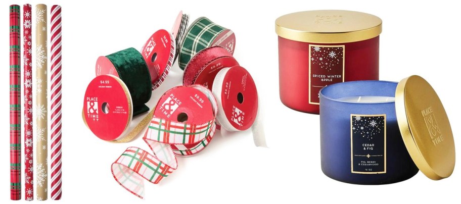 christmas wrapping paper rolls, ribbon rolls, and two holiday candles