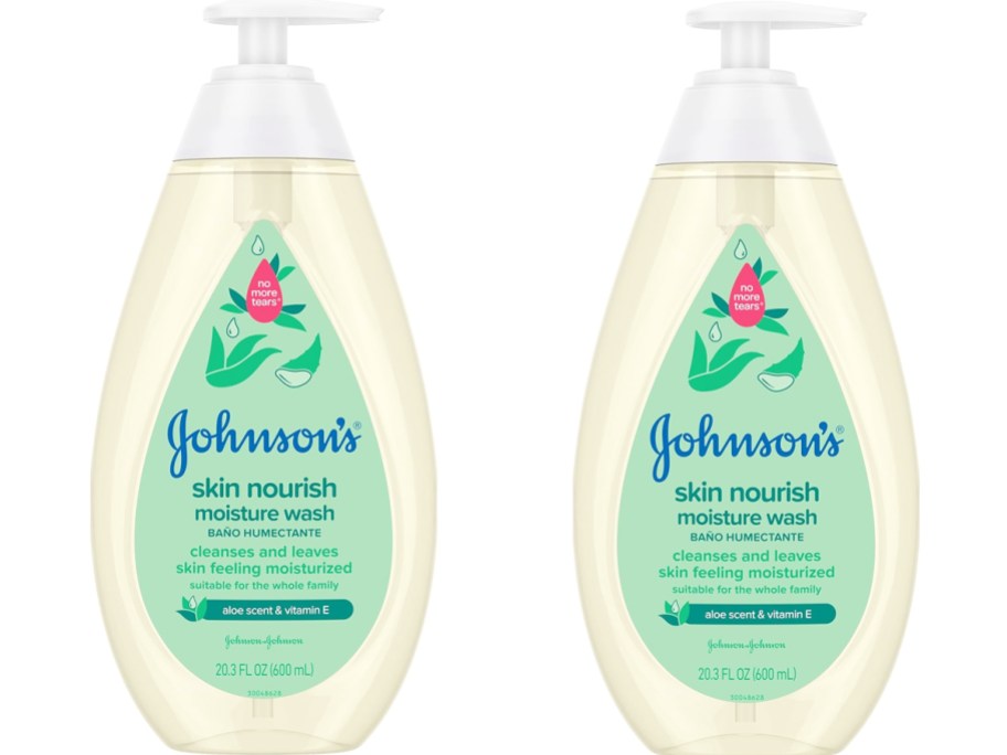two green bottles of Johnson's Baby Skin Nourish Moisture Wash