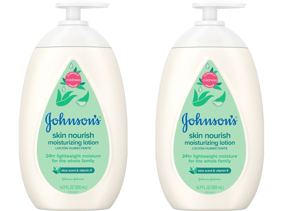 two large bottles of Johnson's Baby Skin Nourish Moisturizing Lotion