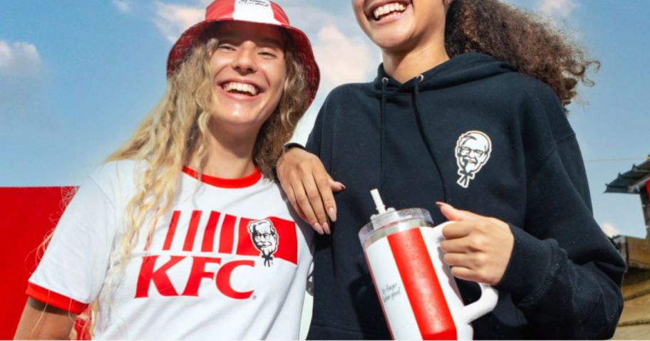 2 women wearing KFC merchandise