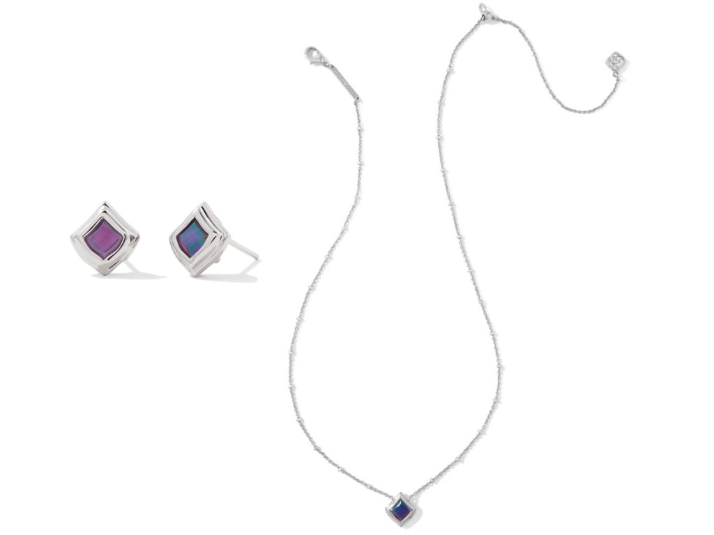 Kendra Scott Kacey Silver Short Pendant Necklace and Stud Earrings in Purple Cat's Eye