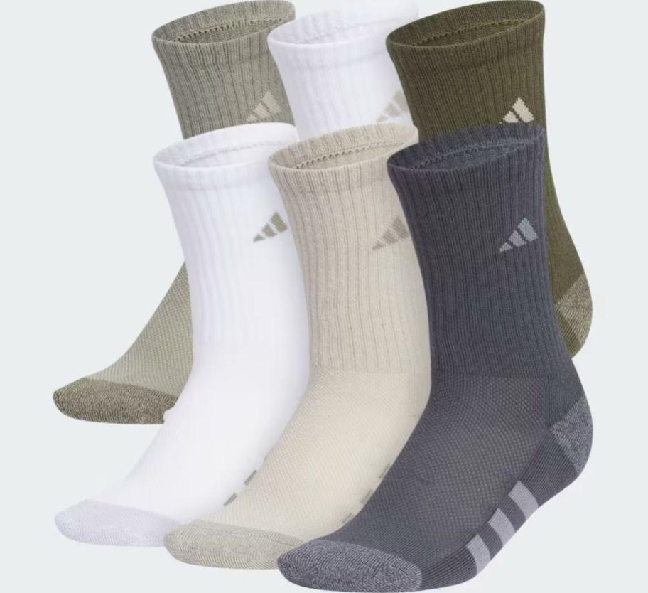 6 kids athletic socks in tan, white,gray, olive and army green